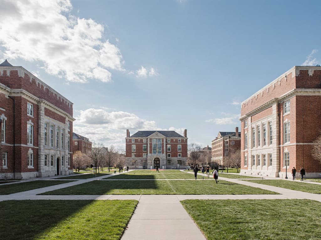 A brick college quad on a clear day, with lawns, crossing paths and a few students in the distance.