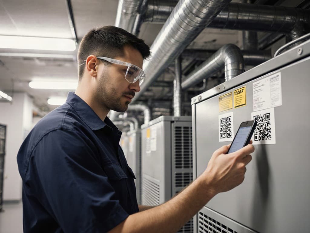 A technician in safety glasses scans the QR label on an air handler with his phone.