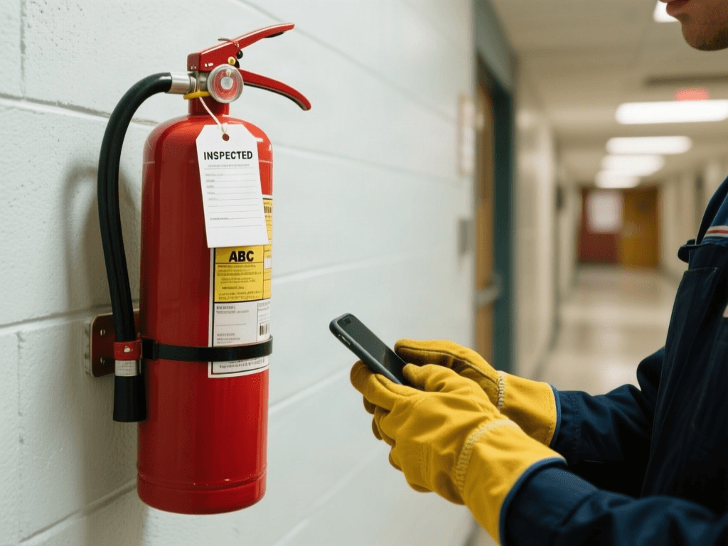 Gloved hands hold a phone next to a wall-mounted fire extinguisher tagged Inspected.