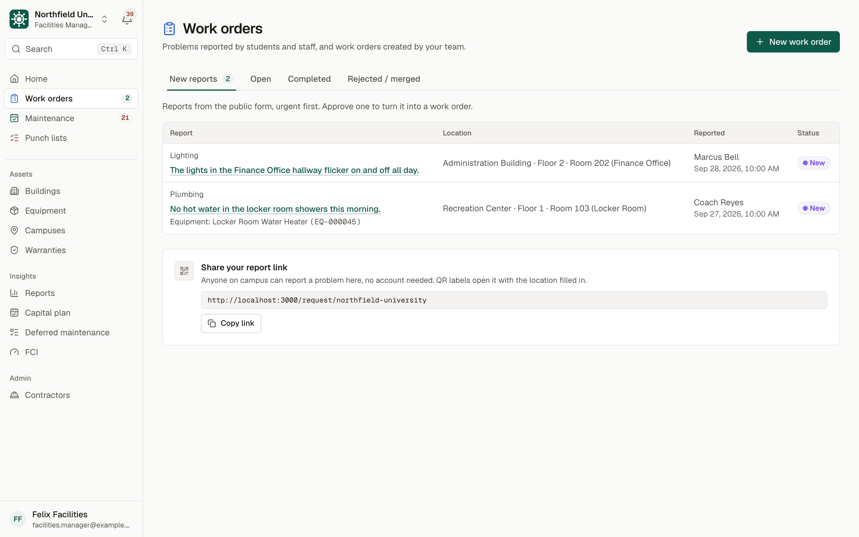 Work orders hub on the New reports tab: two reports from students and staff with location, reporter and a New status, and a card for sharing the campus report link.