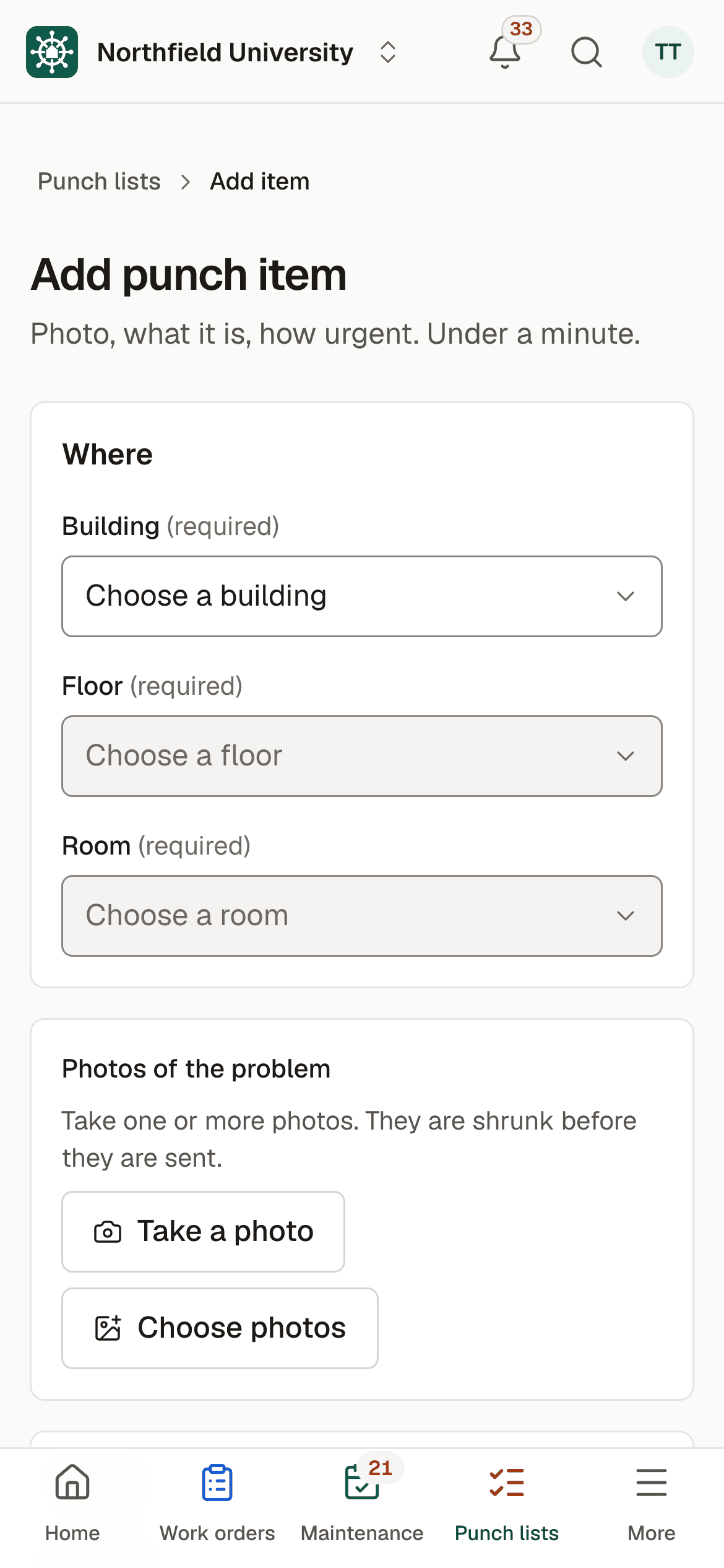 Adding a punch item on a phone: choose the building, floor and room, then take a photo.